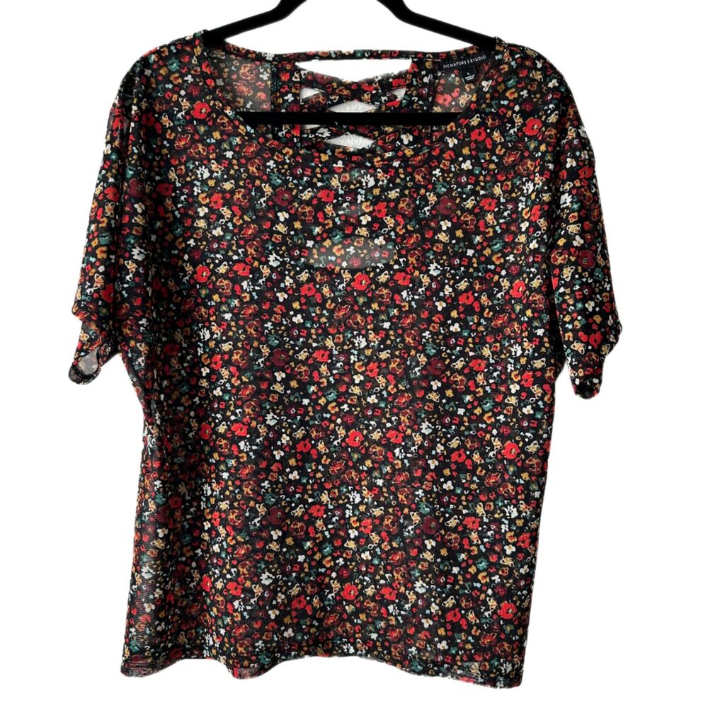 Signature Studio Black Sheer Multi Colored Floral Top Size Large